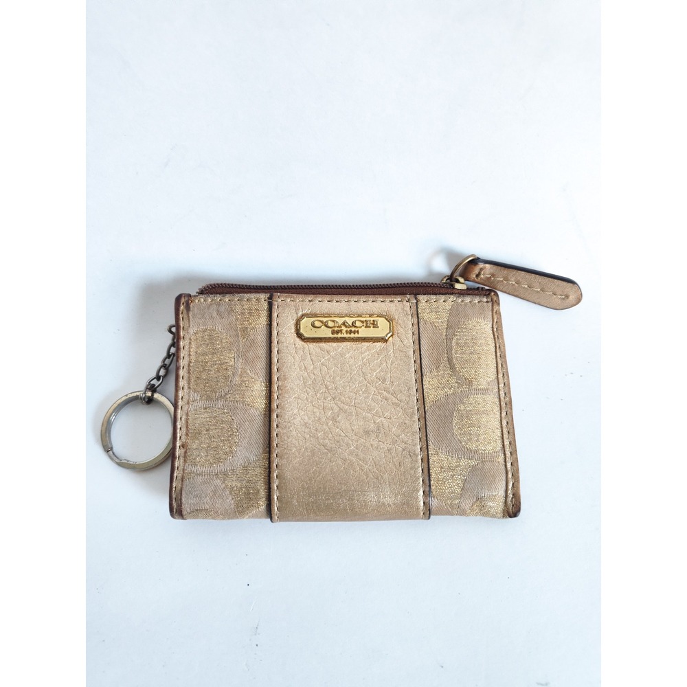 Vintage Coach Mini Skinny ID Wallet Case Gold Signature Canvas Leather Key Ring